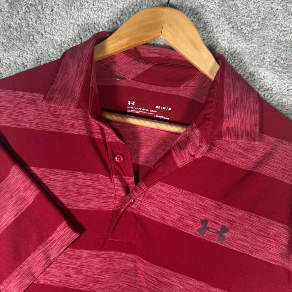 Under Armour Men's M Red Striped HeatGear Loose Fit Short Sleeve Polo Shirt